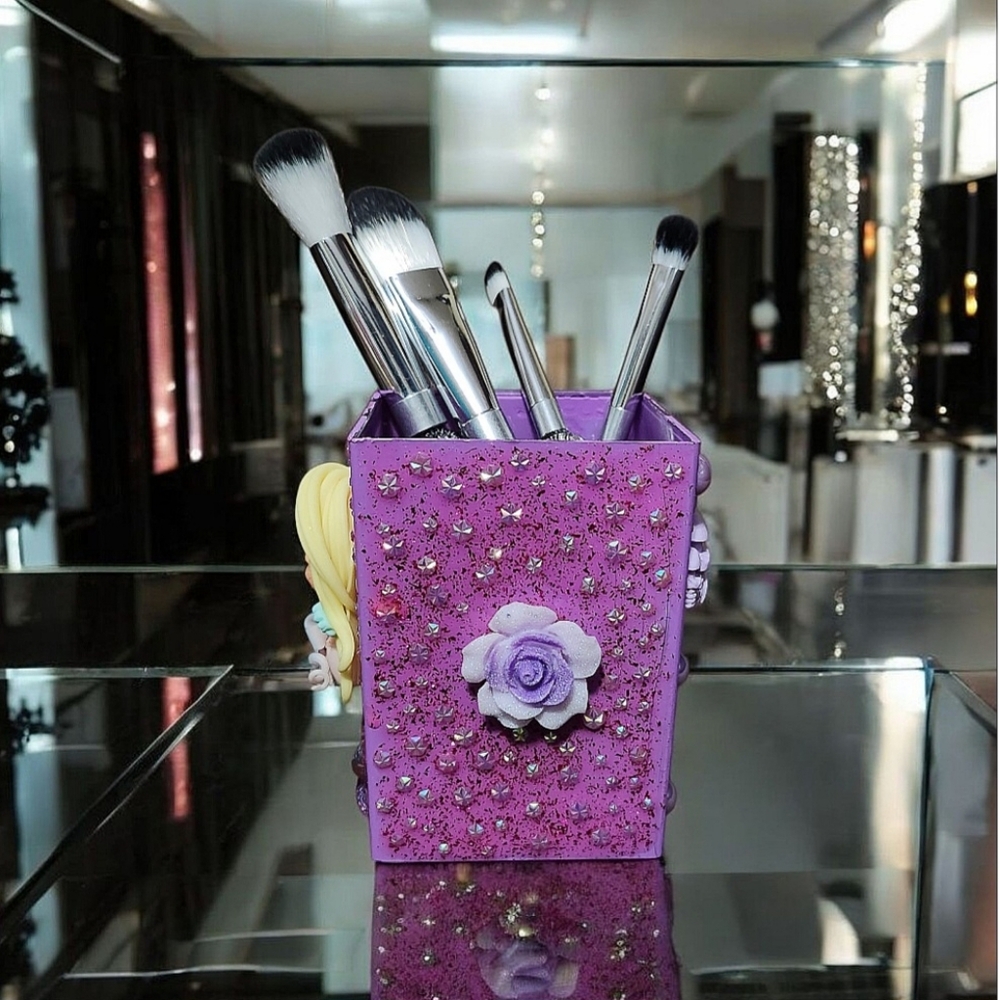 Makeup Brush Acrylic Holder Cup Organizer Purple Fancy Custom Bling Rhinestones
